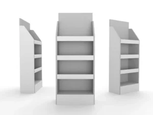3 white corrugated displays with shelves